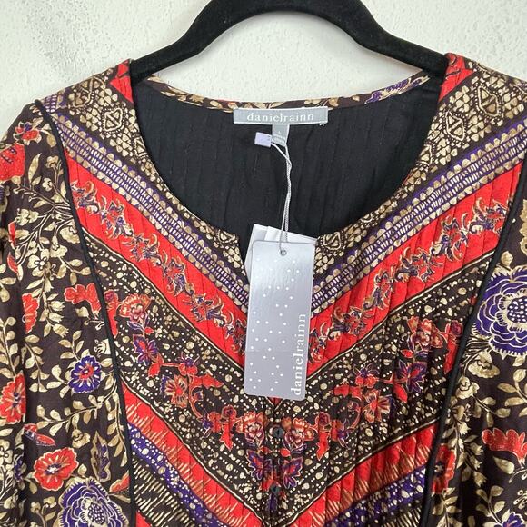 NWT Daniel Rainn‎ L Brown Red Floral Knit Top – Quilted Detail Peplum Boho Chic - Picture 2 of 9